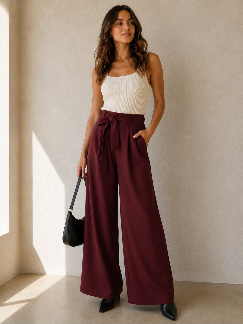 NWT Fig & Sage Burgundy Wide Leg Pants Medium High Rise Tie Waist Flowy Trousers